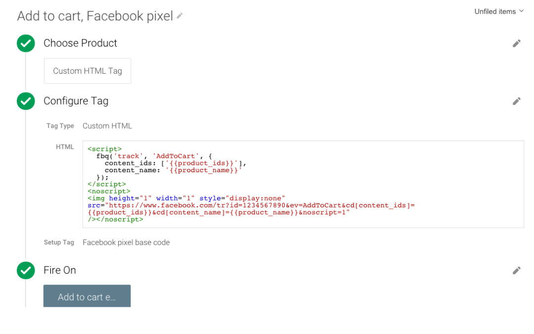 Add to cart, Facebook pixel